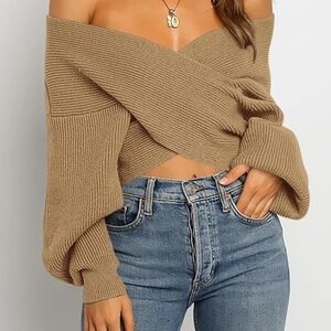 Brown Casual V Neck Long Sleeve Sweaters Cross Wrap